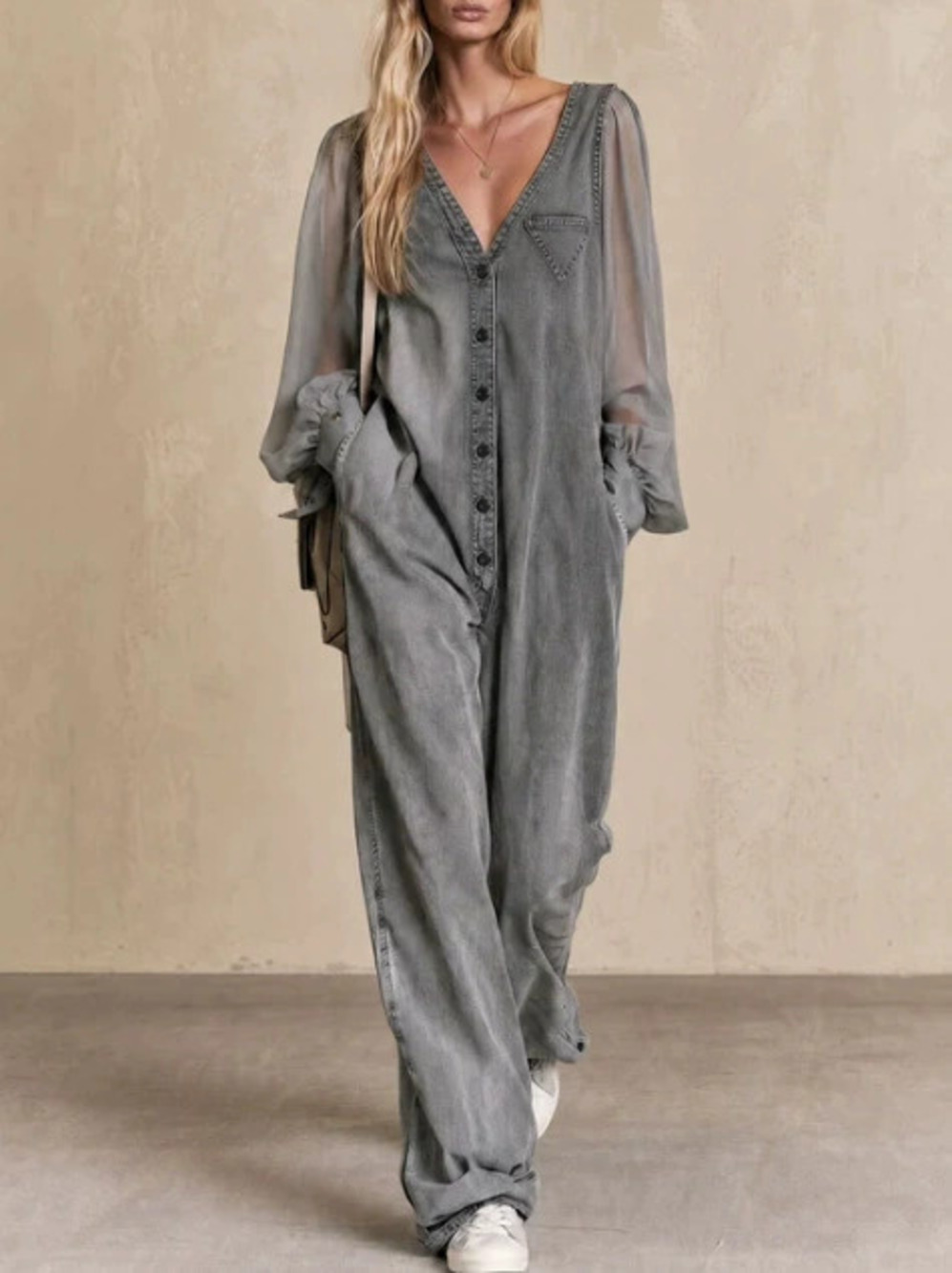 ZARA Sexy Edgy Loose Denim Jumpsuit with Puff Sleeves for Women